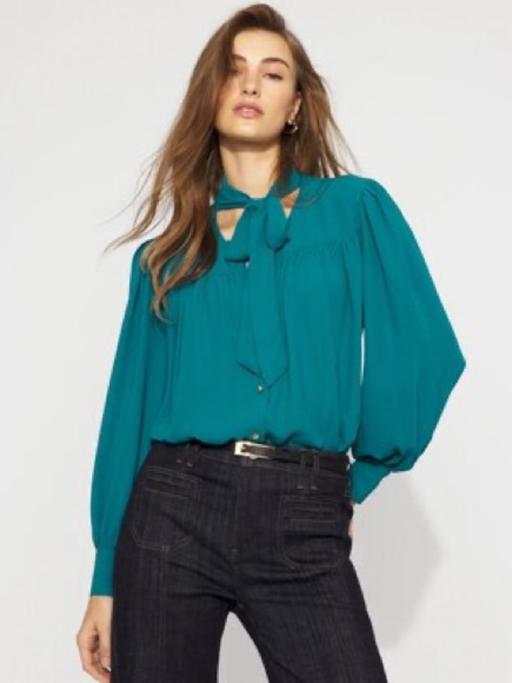 Ann Taylor Teal Tie-Neck Long Sleeve Blouse EUC